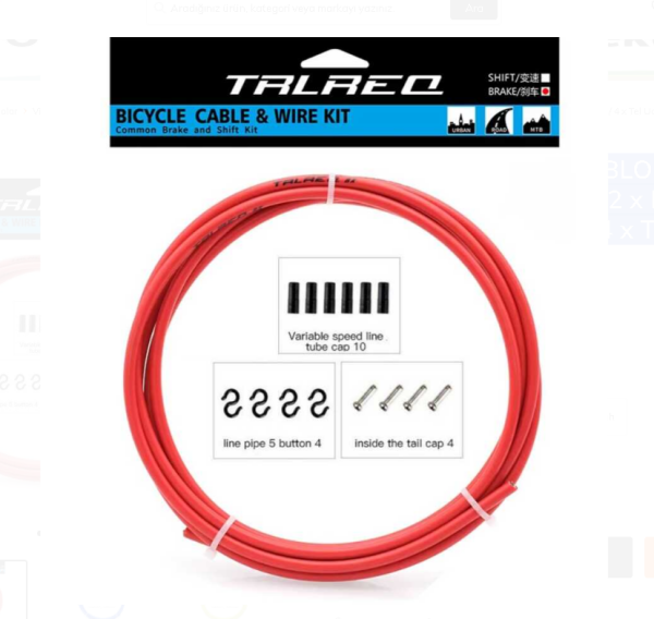 TRLREQ FREN TEL KABLO SETİ MTB ROAD 5MM - 2 Metre Kablo / 2 x MTB-ROAD Tel / 6 x Kapsül / 4 x Kanca / 4 x Tel Ucu KIRMIZI